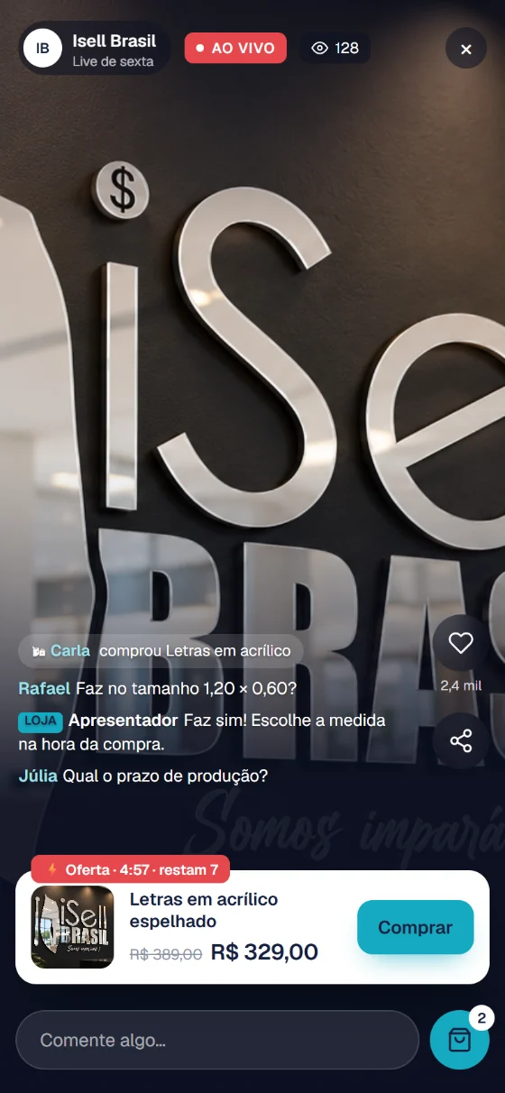 Tela de uma live com o produto em oferta e o botão Comprar
