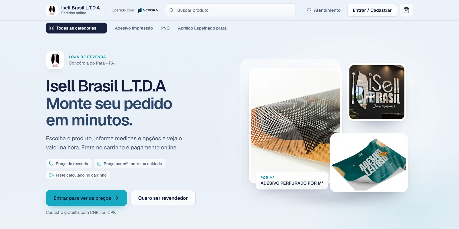 Loja virtual de uma empresa com o catálogo de produtos e o botão para entrar e ver os preços de revenda